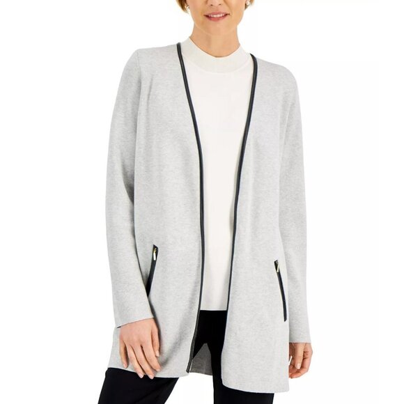 Macy's | CHARTER CLUB Milano Cotton Navy Open-Front Cardigan Faux Leather Trim - Picture 2 of 9